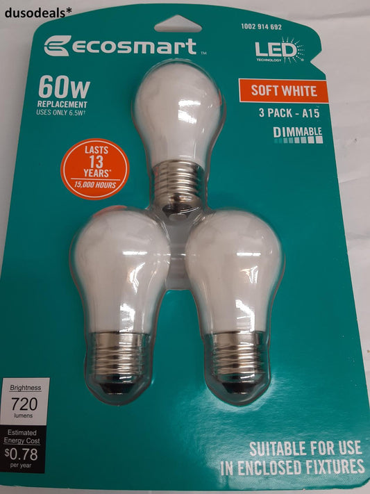 EcoSmart 60W-A15 Dimmable Frosted Glass LED Light Bulb Soft White 3 pack