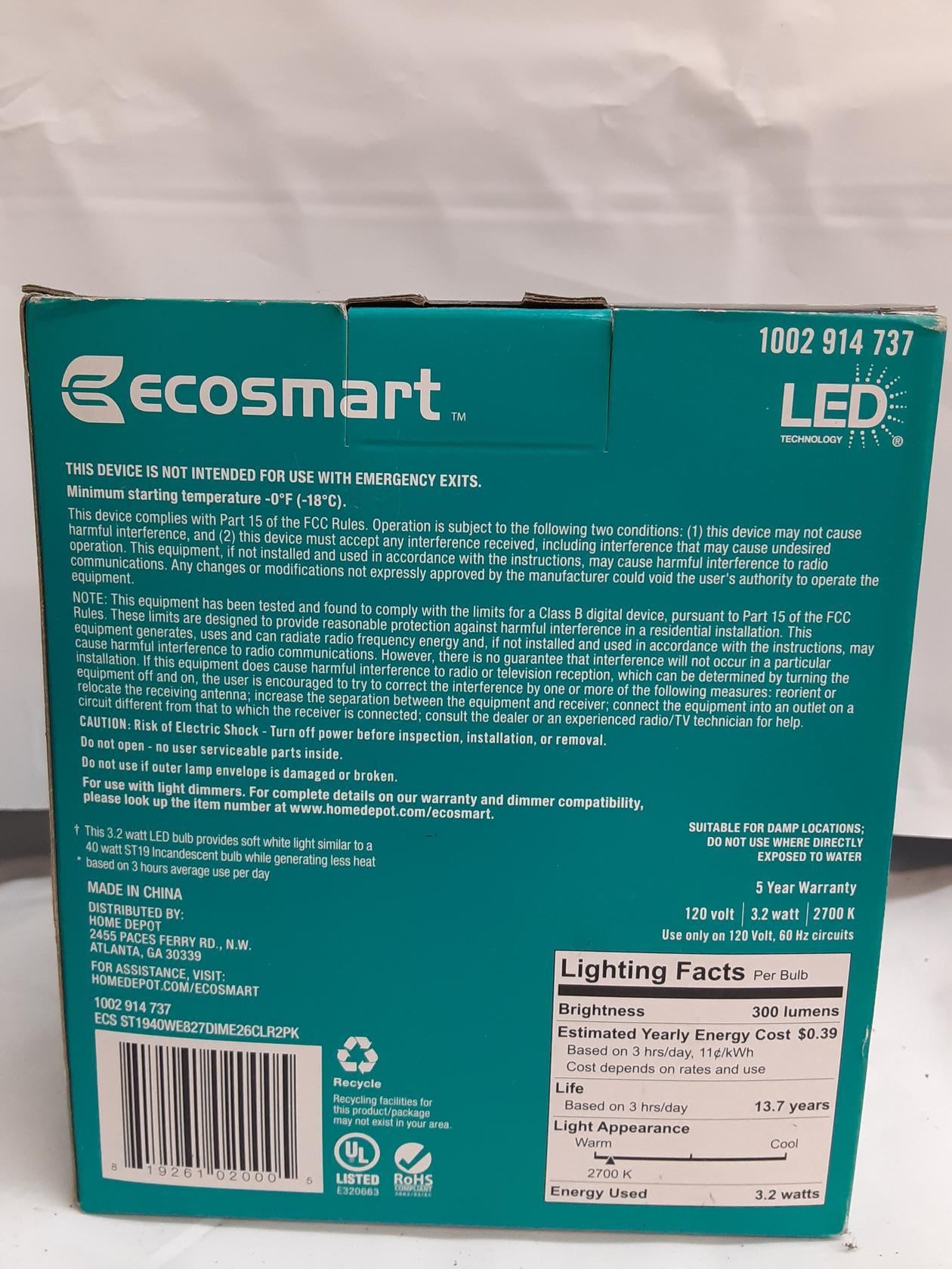 Classic EcoSmart 40-Watt Replacement, ST19, Soft White, Dimmable, 300 lumens,