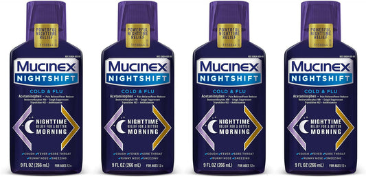 4 Pack Mucinex Nightshift Cold & Flu Liquid, 9 Fl Oz EXP 11/2021