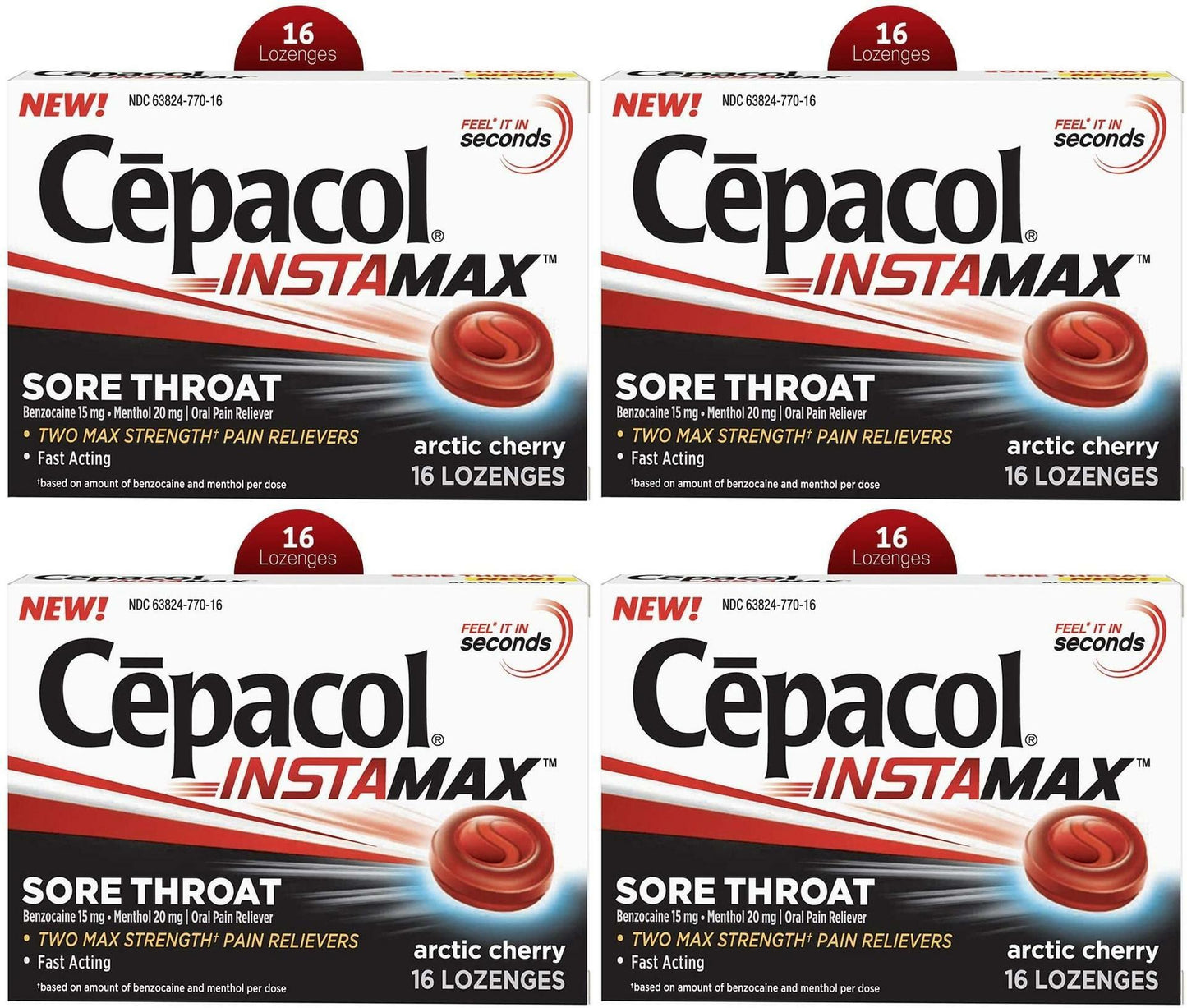Cepacol InstaMax Sore Throat & Cough Drop, Artic Cherry 16ct 4 PACK EXP 6/22