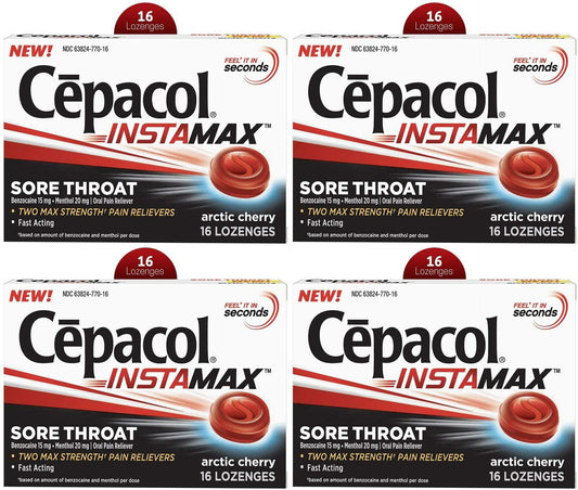 Cepacol InstaMax Sore Throat & Cough Drop, Artic Cherry 16ct 4 PACK EXP 6/22