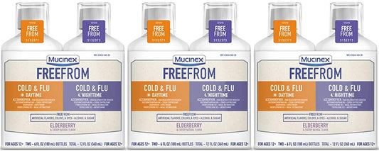 Mucinex FreeFrom Cold and Flu Daytime and Nighttime, Multi-Symptom Relief, Cherry, 6 Fl Oz (Pack of 2)
