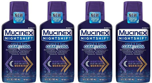 LOT OF 4 Mucinex Nightshift Cold & Flu Clear & Cool Liquid, 6 Fl Oz EXP 10/21+